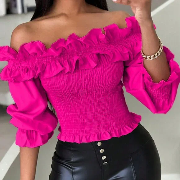 Hot Pink Casual Women's Ruffle Decor Off-Shoulder Cropped Top - Picture 1 of 6